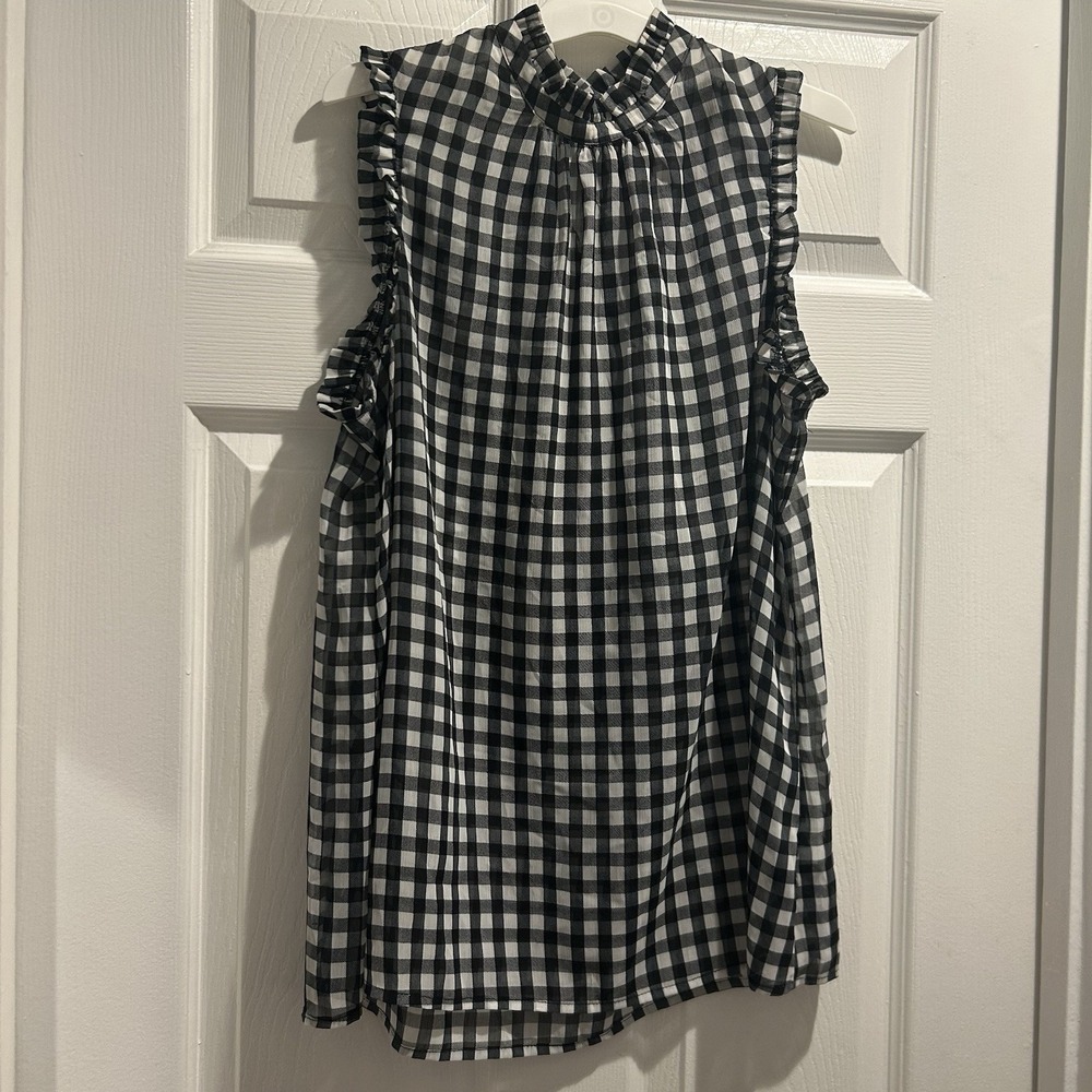 Who What Wear Womens Size M Gingham Mock Neck Ruffle Blouse Sheer Top